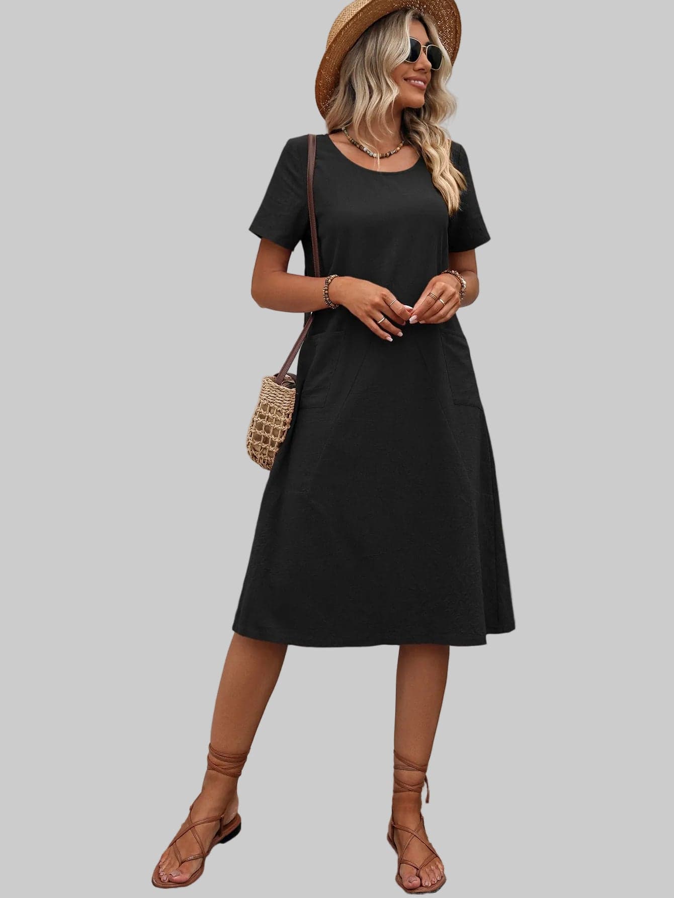 Round Neck Short Sleeve Dress with Pockets Black / S The Nichole Collection - Official Site