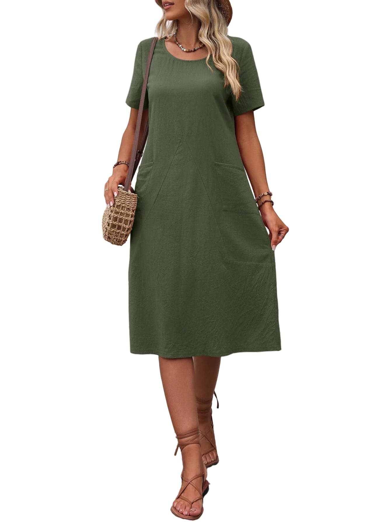 Round Neck Short Sleeve Dress with Pockets Matcha Green / S The Nichole Collection - Official Site