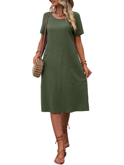 Round Neck Short Sleeve Dress with Pockets Matcha Green / S The Nichole Collection - Official Site
