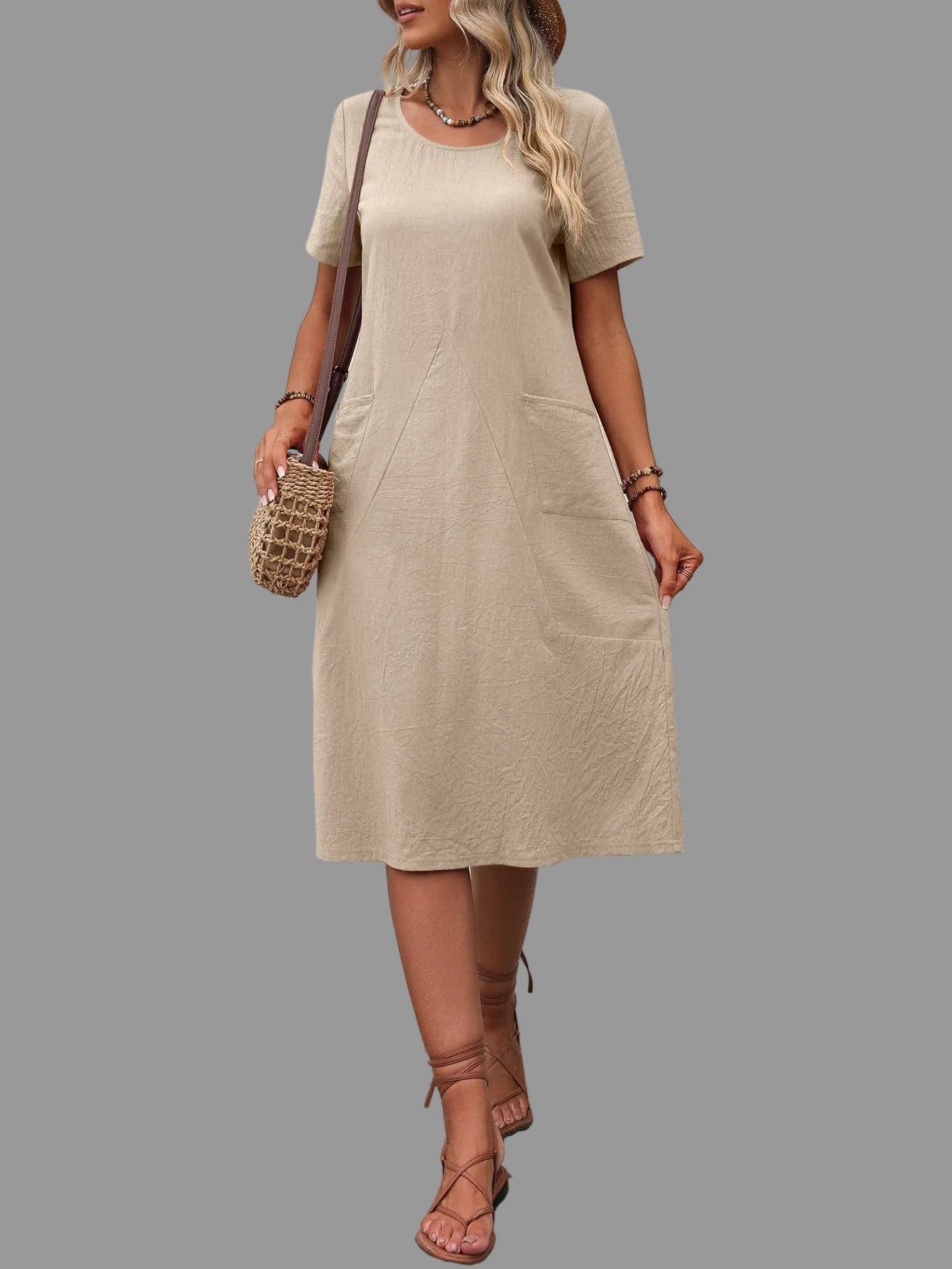 Round Neck Short Sleeve Dress with Pockets Tan / S The Nichole Collection - Official Site