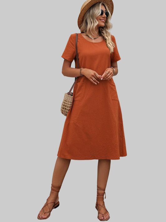 Round Neck Short Sleeve Dress with Pockets Caramel / S The Nichole Collection - Official Site