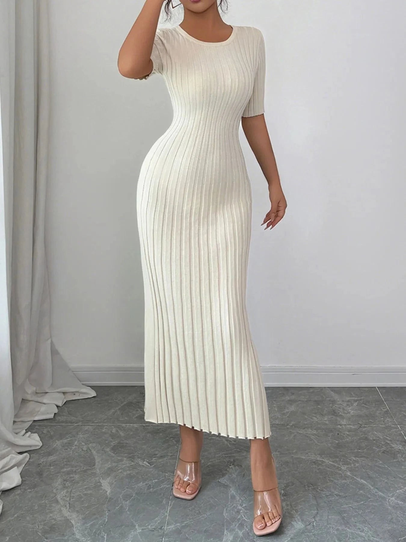 Round Neck Short Sleeve Sweater Dress Dresses Apricot / S The Nichole Collection