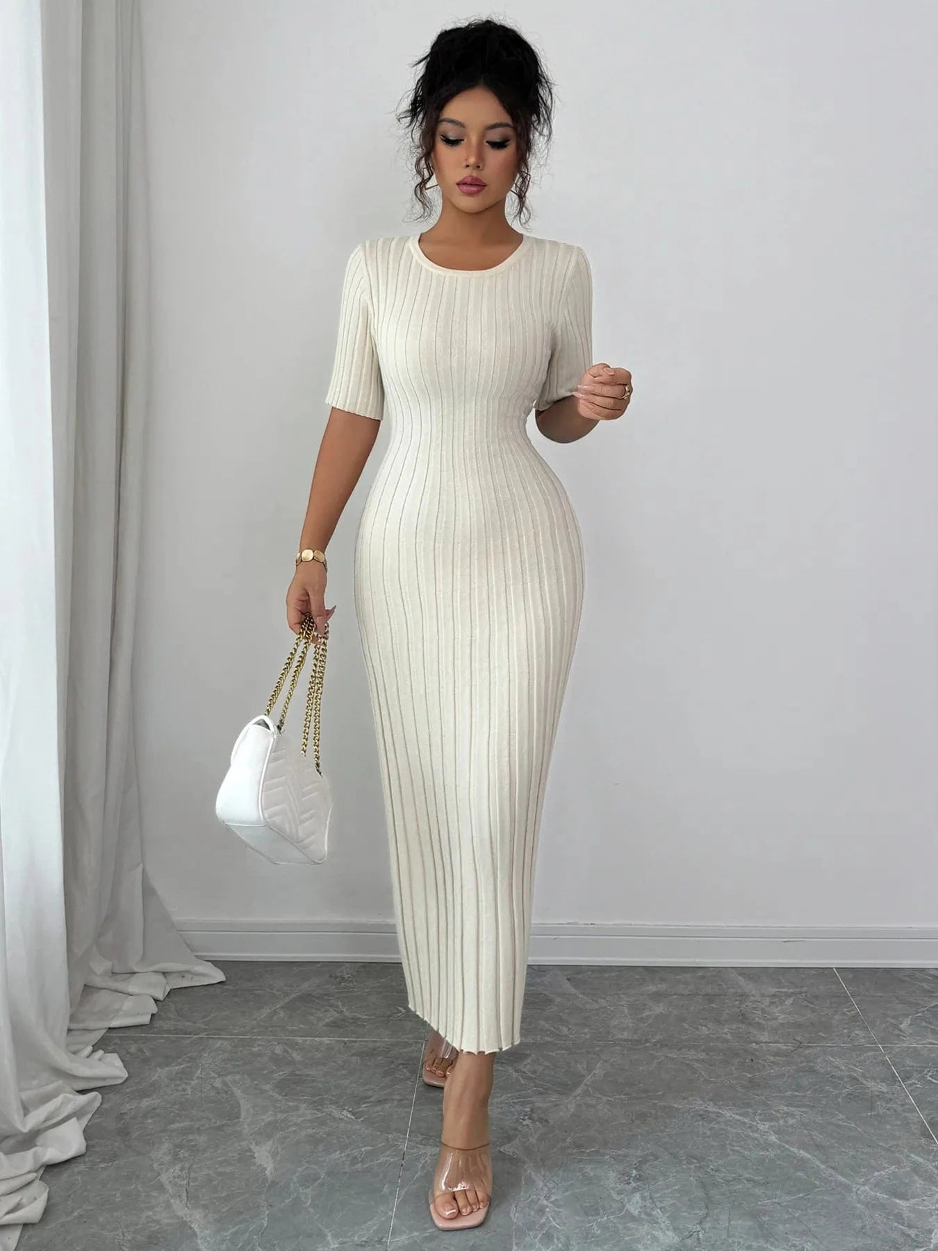 Round Neck Short Sleeve Sweater Dress Dresses The Nichole Collection
