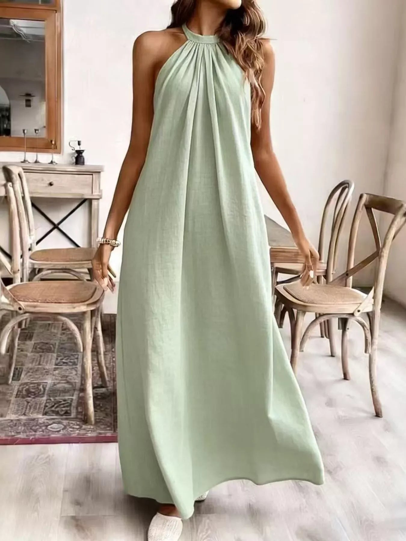 Ruched Halter Neck Maxi Dress Light Green / S The Nichole Collection - Official Site