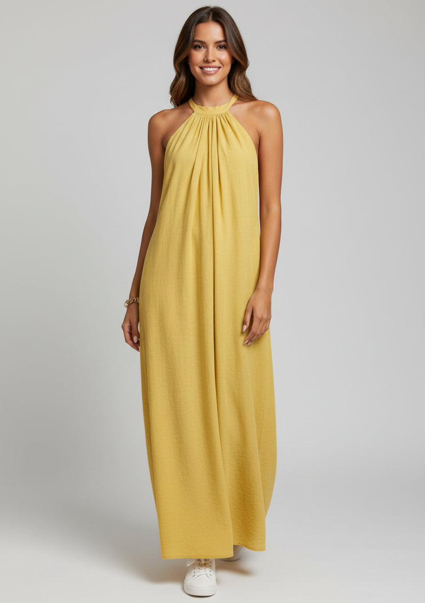 Ruched Halter Neck Maxi Dress Yellow / S The Nichole Collection - Official Site