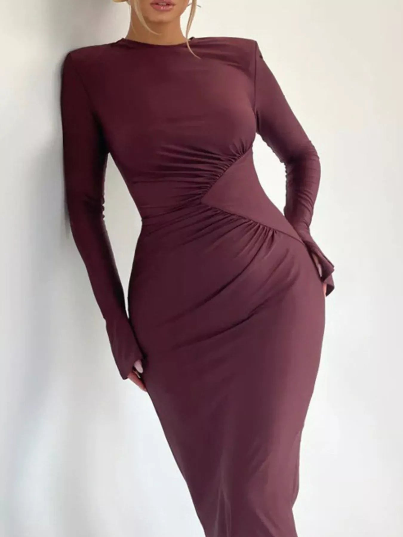 Ruched Long Sleeve Bodycon Maxi Dress Dresses The Nichole Collection