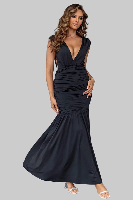Ruched Plunge Sleeveless Maxi Dress Dresses Black / XS The Nichole Collection
