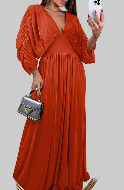 Ruched Sleeve V-Neck Maxi Dress Dresses Orange-Red / S The Nichole Collection