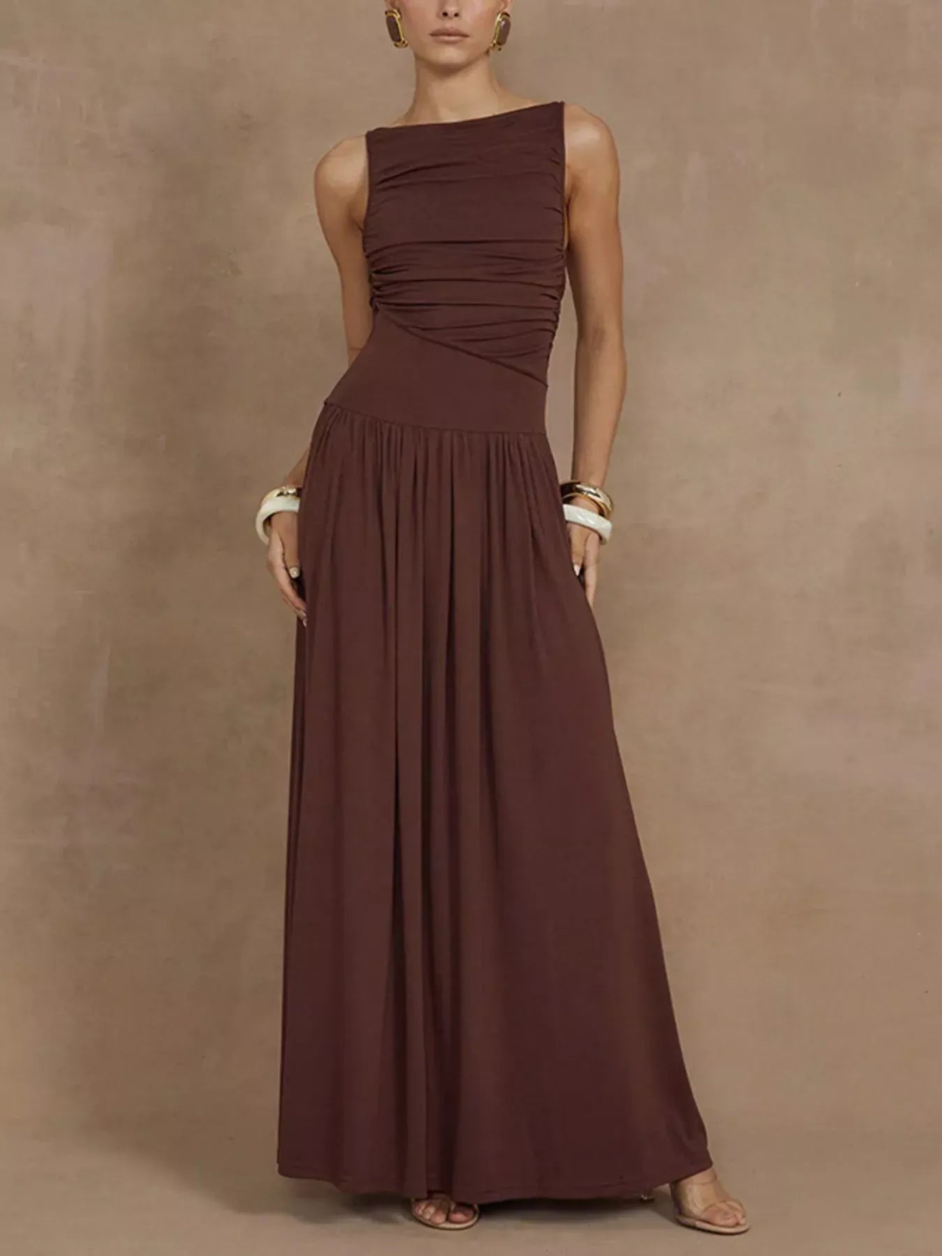 Ruched Sleeveless Maxi Dress Brown / S The Nichole Collection