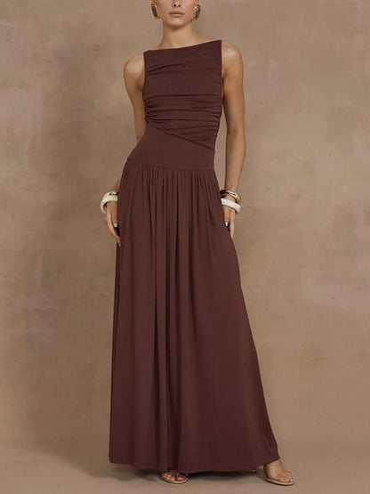 Ruched Sleeveless Maxi Dress Brown / S The Nichole Collection