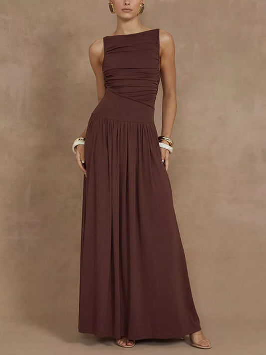 Ruched Sleeveless Maxi Dress Brown / S The Nichole Collection