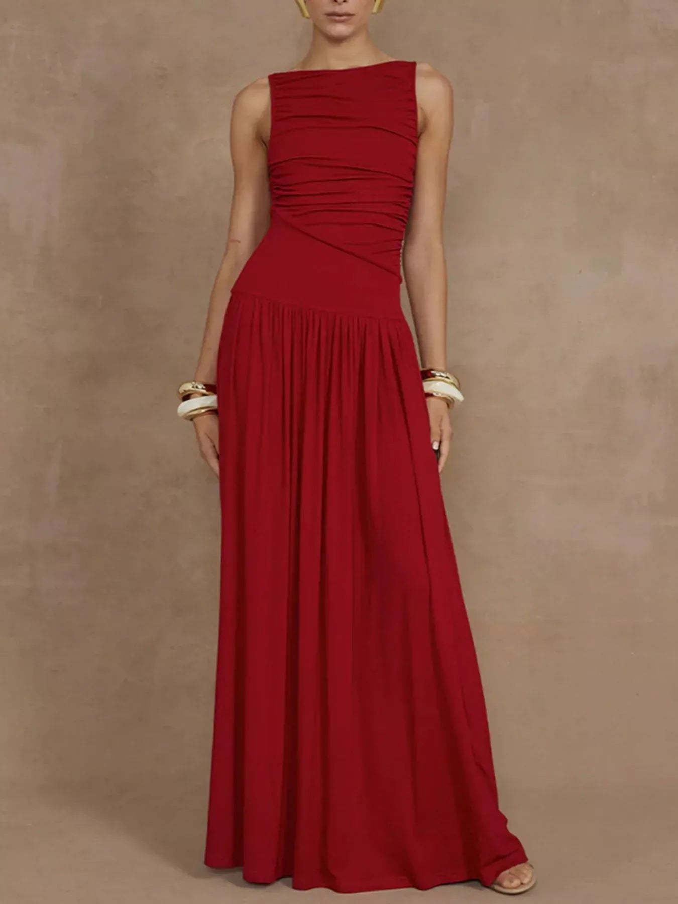 Ruched Sleeveless Maxi Dress Red / S The Nichole Collection