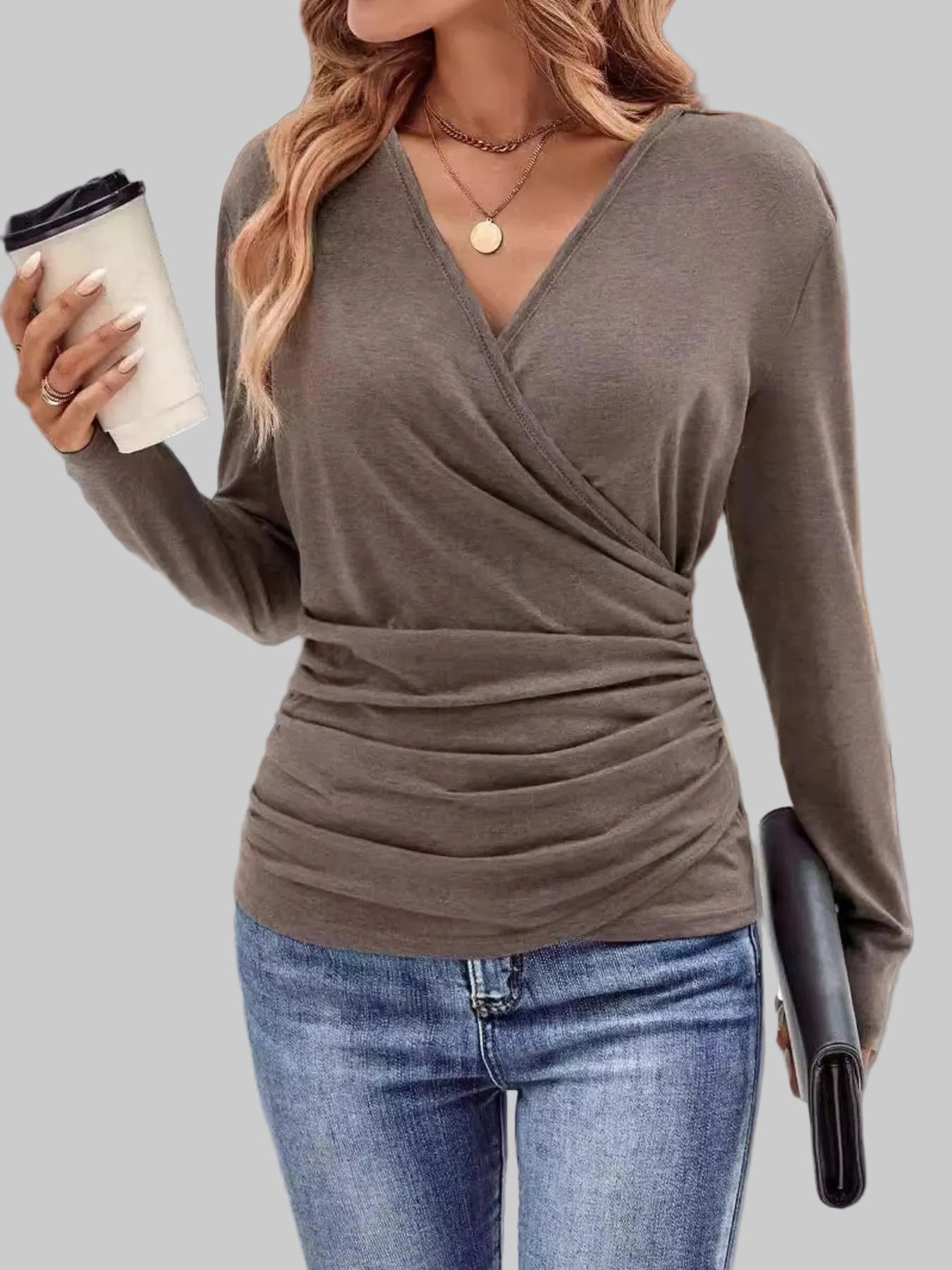 Ruched Surplice Long Sleeve T-Shirt Shirts & Tops The Nichole Collection