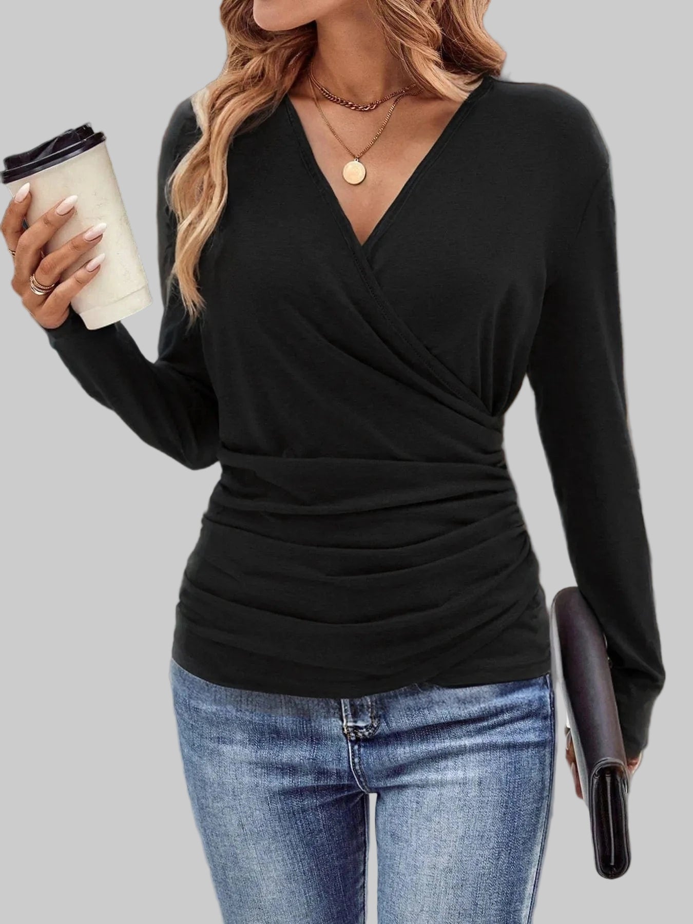 Ruched Surplice Long Sleeve T-Shirt Shirts & Tops Black / S The Nichole Collection