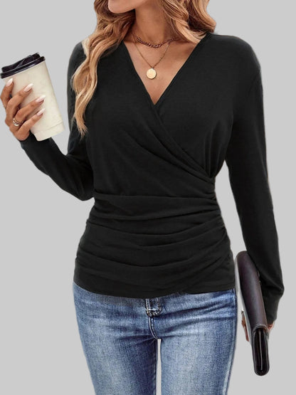Ruched Surplice Long Sleeve T-Shirt Shirts & Tops Black / S The Nichole Collection