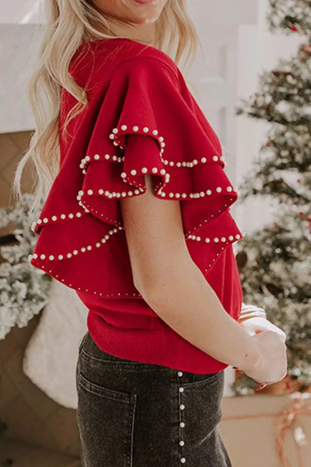 Ruffle Sleeve Pearl Embellished Knit Top Trendsi