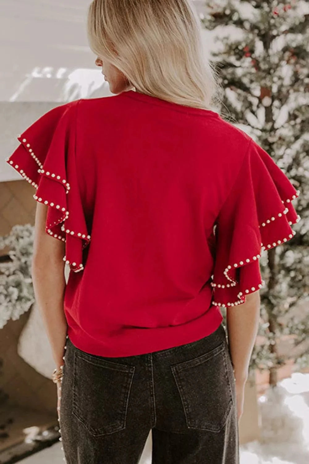 Ruffle Sleeve Pearl Embellished Knit Top Trendsi