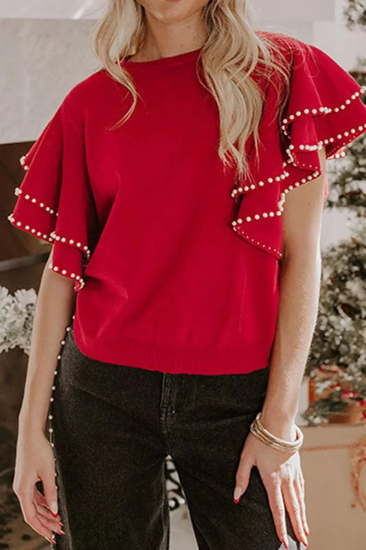 Ruffle Sleeve Pearl Embellished Knit Top Trendsi