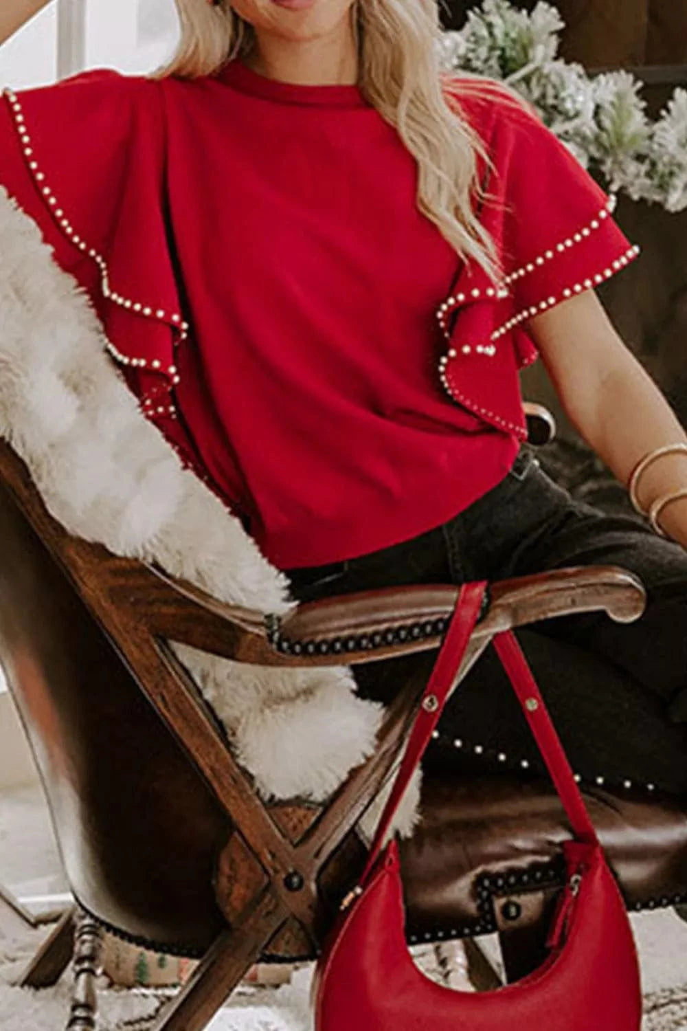 Ruffle Sleeve Pearl Embellished Knit Top Trendsi