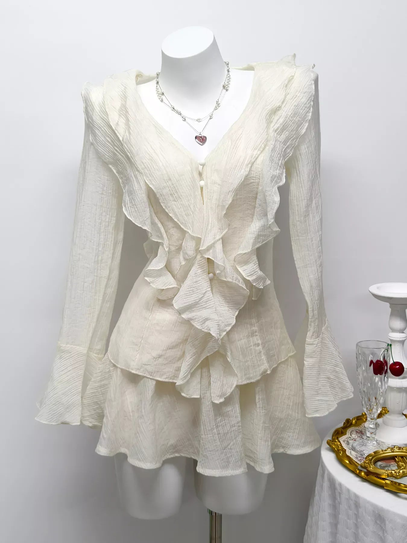 Ruffle Trimmed Blouse and Skirt Set Apricot / S The Nichole Collection