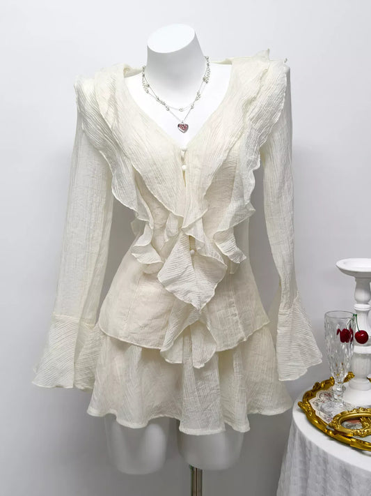 Ruffle Trimmed Blouse and Skirt Set Apricot / S The Nichole Collection