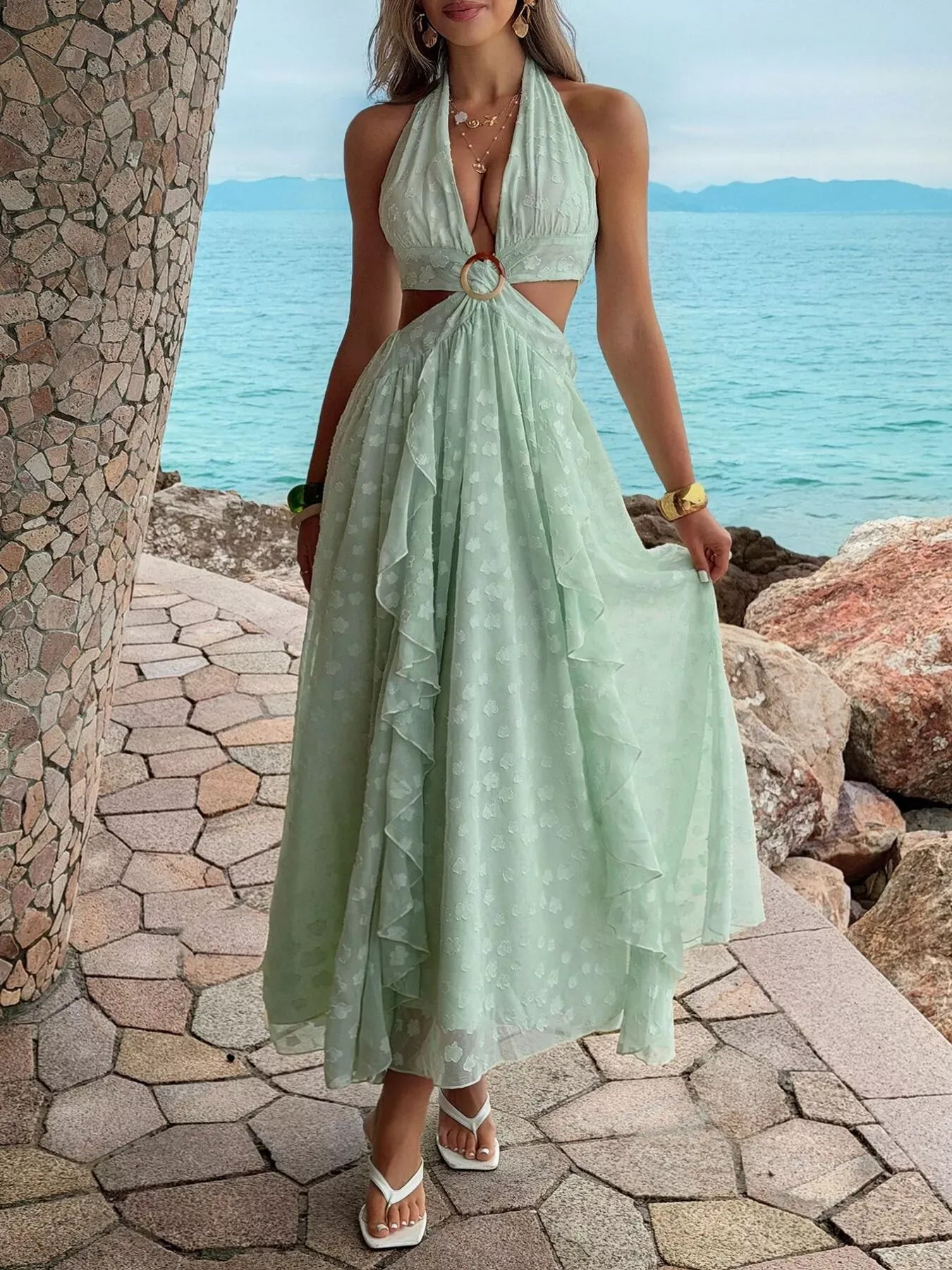 Ruffled Halter Neck Maxi Dress Green / S The Nichole Collection