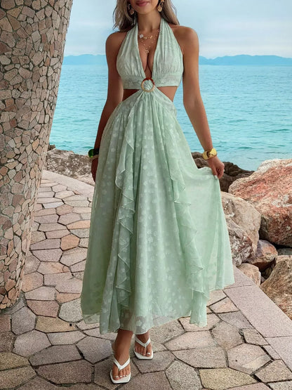 Ruffled Halter Neck Maxi Dress Green / S The Nichole Collection