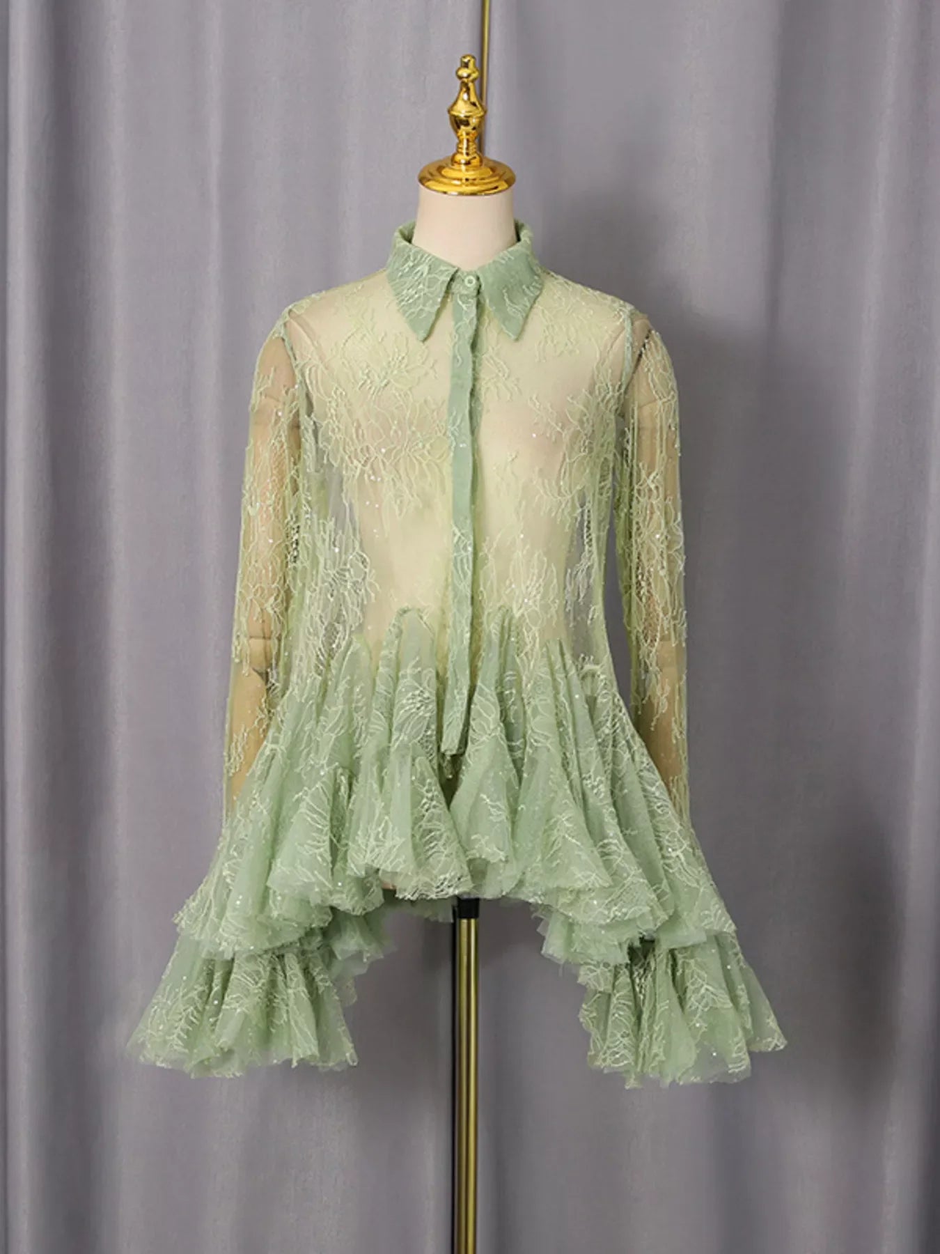 Ruffled Hem Lace Long Sleeve Dress Green / S The Nichole Collection - Official Site