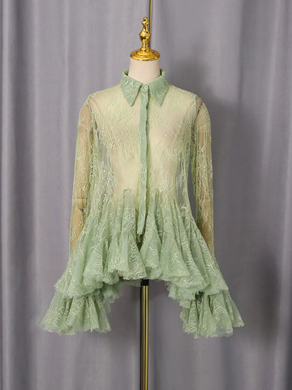 Ruffled Hem Lace Long Sleeve Dress Green / S The Nichole Collection - Official Site
