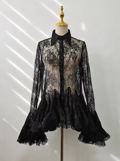 Ruffled Hem Lace Long Sleeve Dress Black / S The Nichole Collection - Official Site