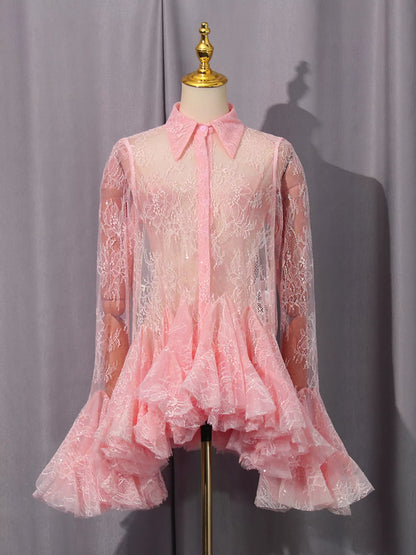 Ruffled Hem Lace Long Sleeve Dress Pink / S The Nichole Collection - Official Site