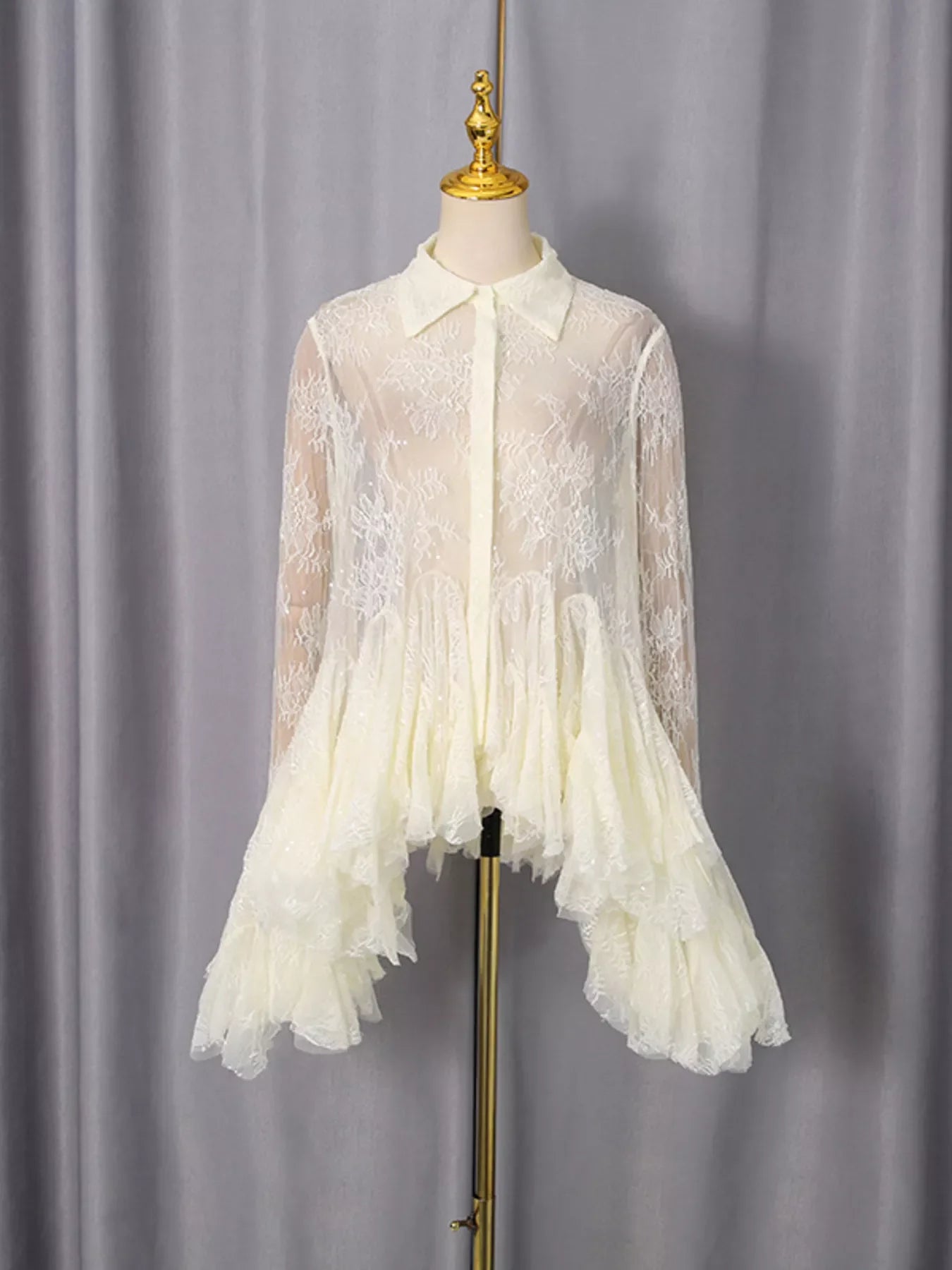 Ruffled Hem Lace Long Sleeve Dress Apricot / S The Nichole Collection - Official Site