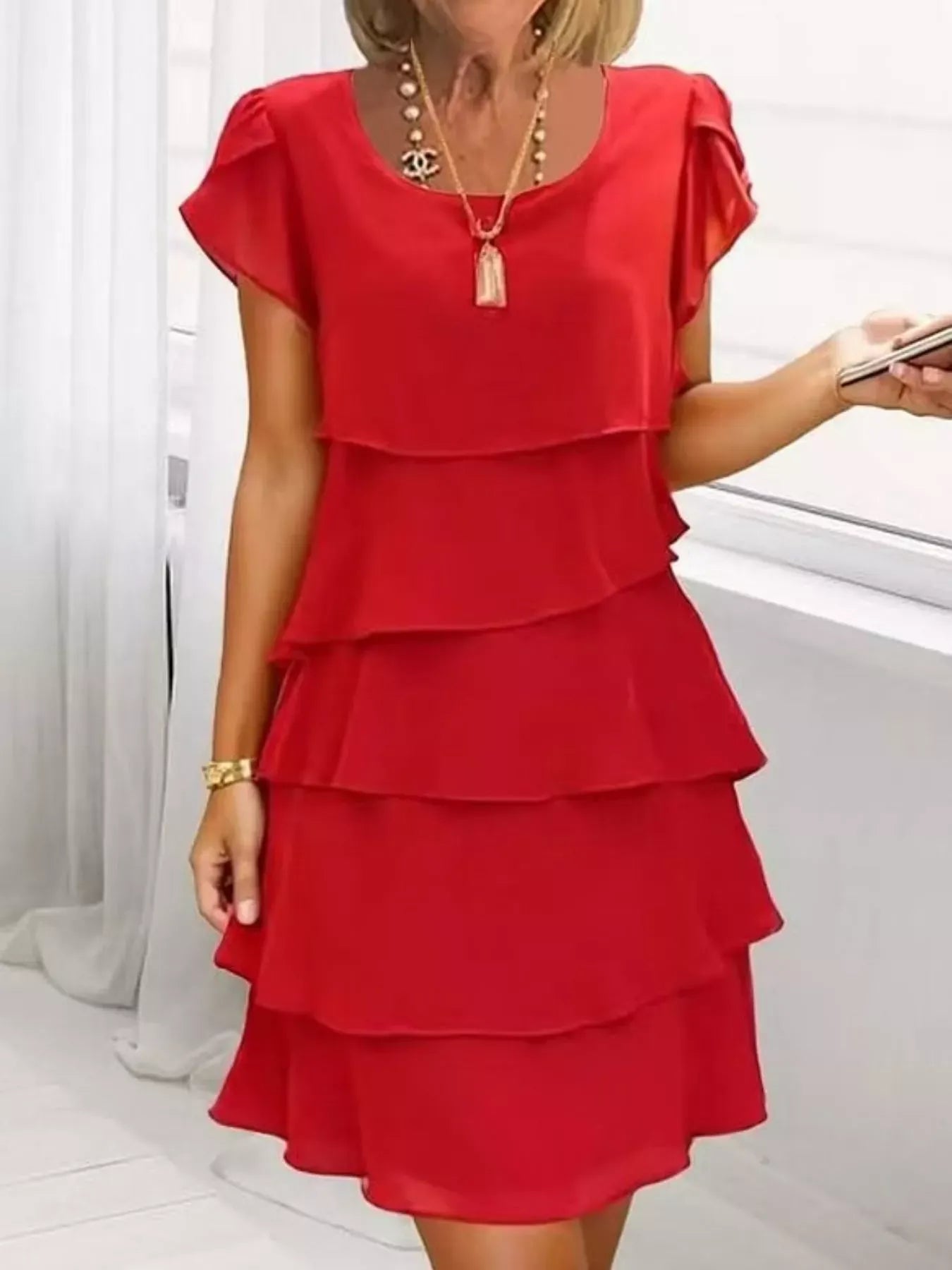 Ruffled Layered Petal Sleeve Dress Scarlet / S The Nichole Collection