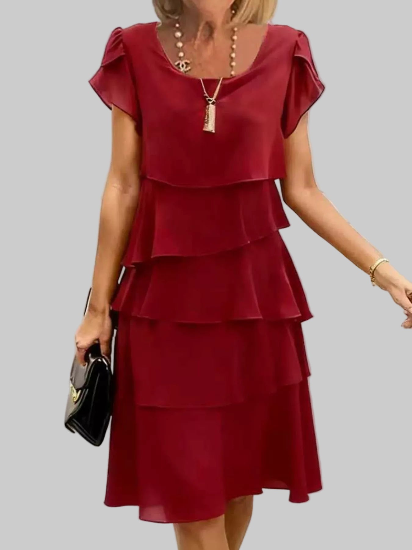 Ruffled Layered Petal Sleeve Dress Burgundy / S The Nichole Collection