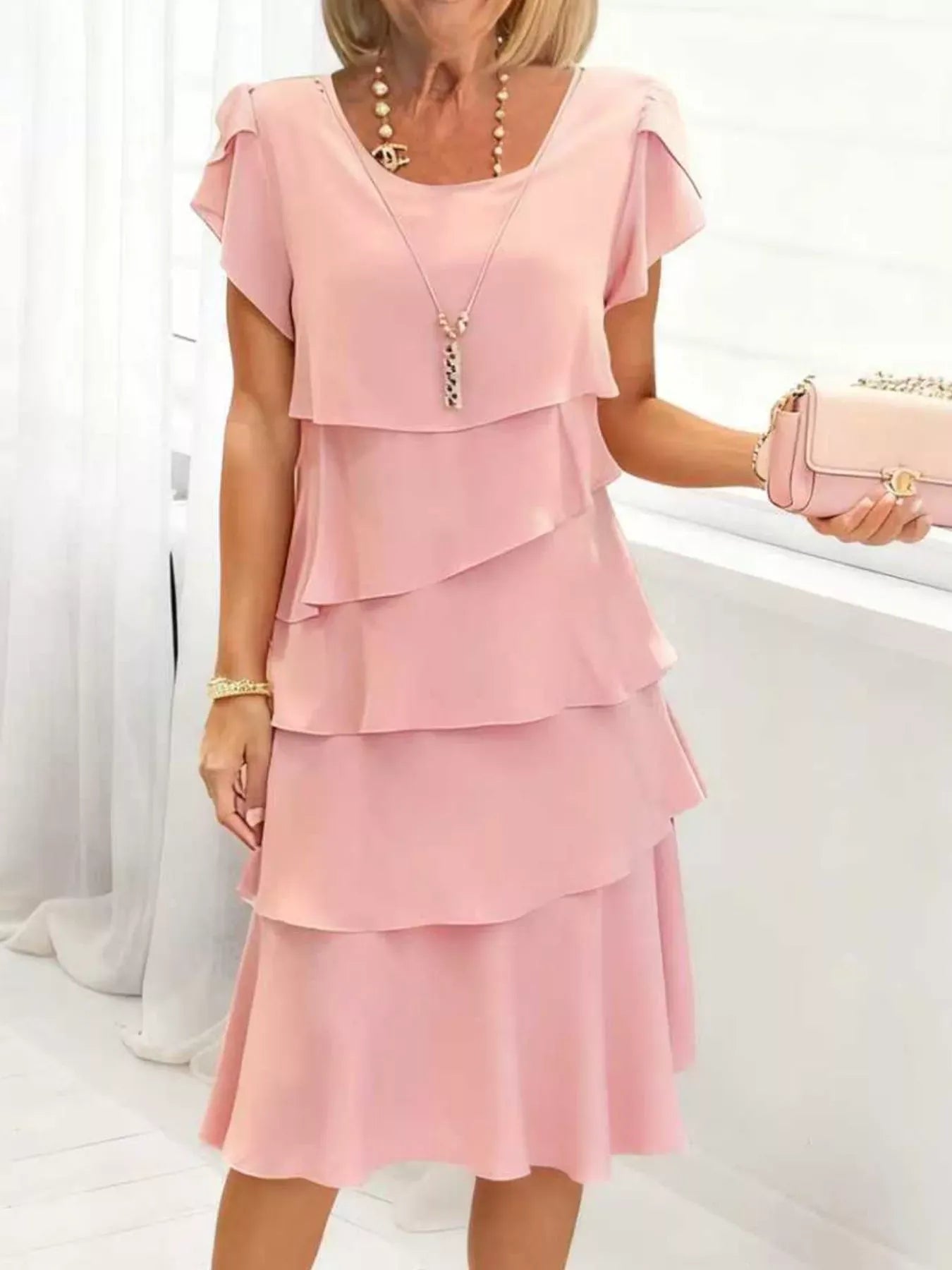 Ruffled Layered Petal Sleeve Dress Blush Pink / S The Nichole Collection