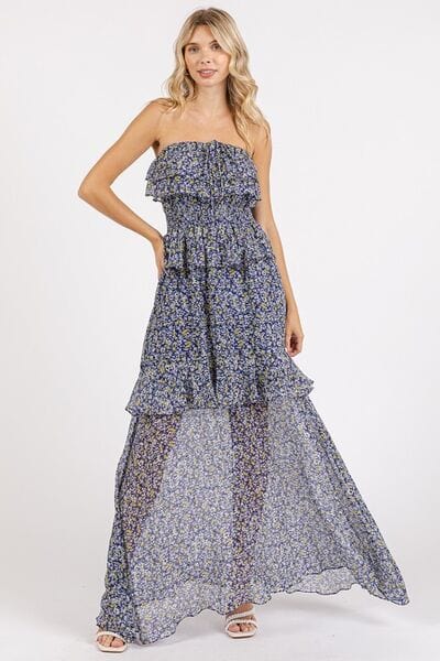 Ruffled Smocked Floral Halter Neck Maxi Dress Dresses Dark Navy / S The Nichole Collection