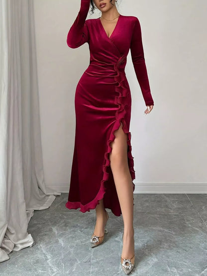 Ruffled Surplice long Sleeve Dress The Nichole Collection