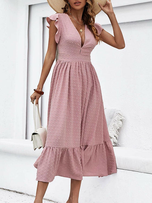 Ruffled Swiss Dot Plunge Dress - Perfect for a Night Out Dresses Light Mauve / XS The Nichole Collection