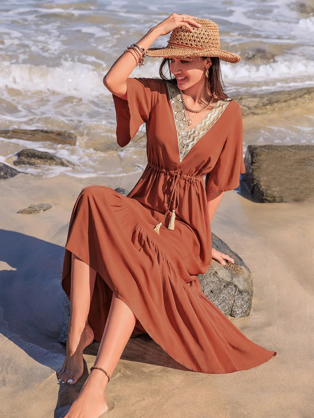 Ruffled Tassel V-Neck Flutter Sleeve Dress Maxi Dresses The Nichole Collection - Official Site