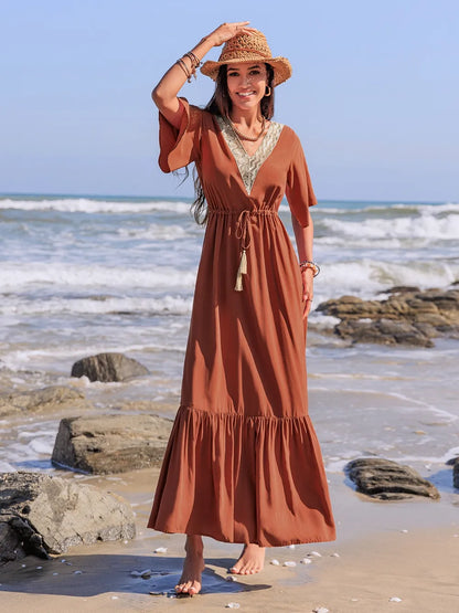 Ruffled Tassel V-Neck Flutter Sleeve Dress Maxi Dresses The Nichole Collection - Official Site