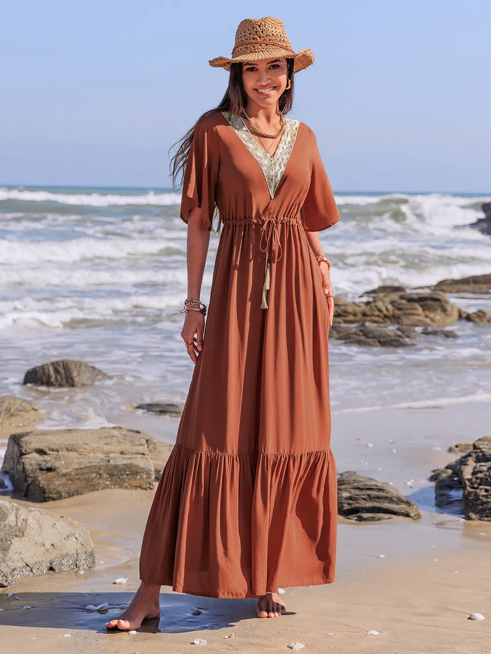 Ruffled Tassel V-Neck Flutter Sleeve Dress Maxi Dresses The Nichole Collection - Official Site