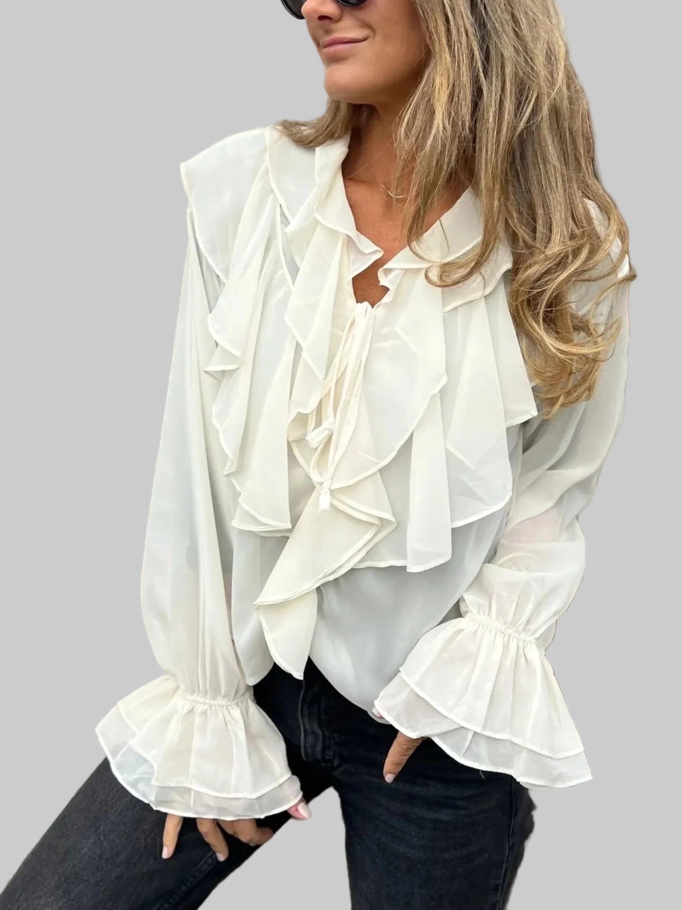 Ruffled Tie Front Flounce Sleeve Blouse Blouse The Nichole Collection