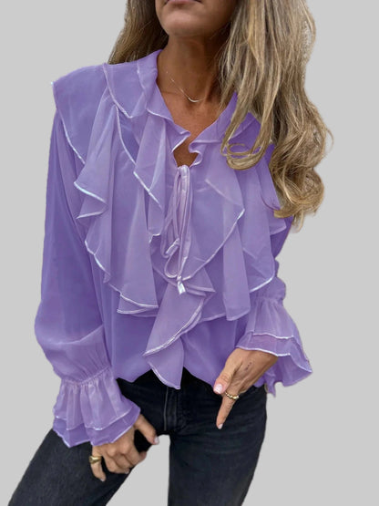 Ruffled Tie Front Flounce Sleeve Blouse Blouse Purple / S The Nichole Collection