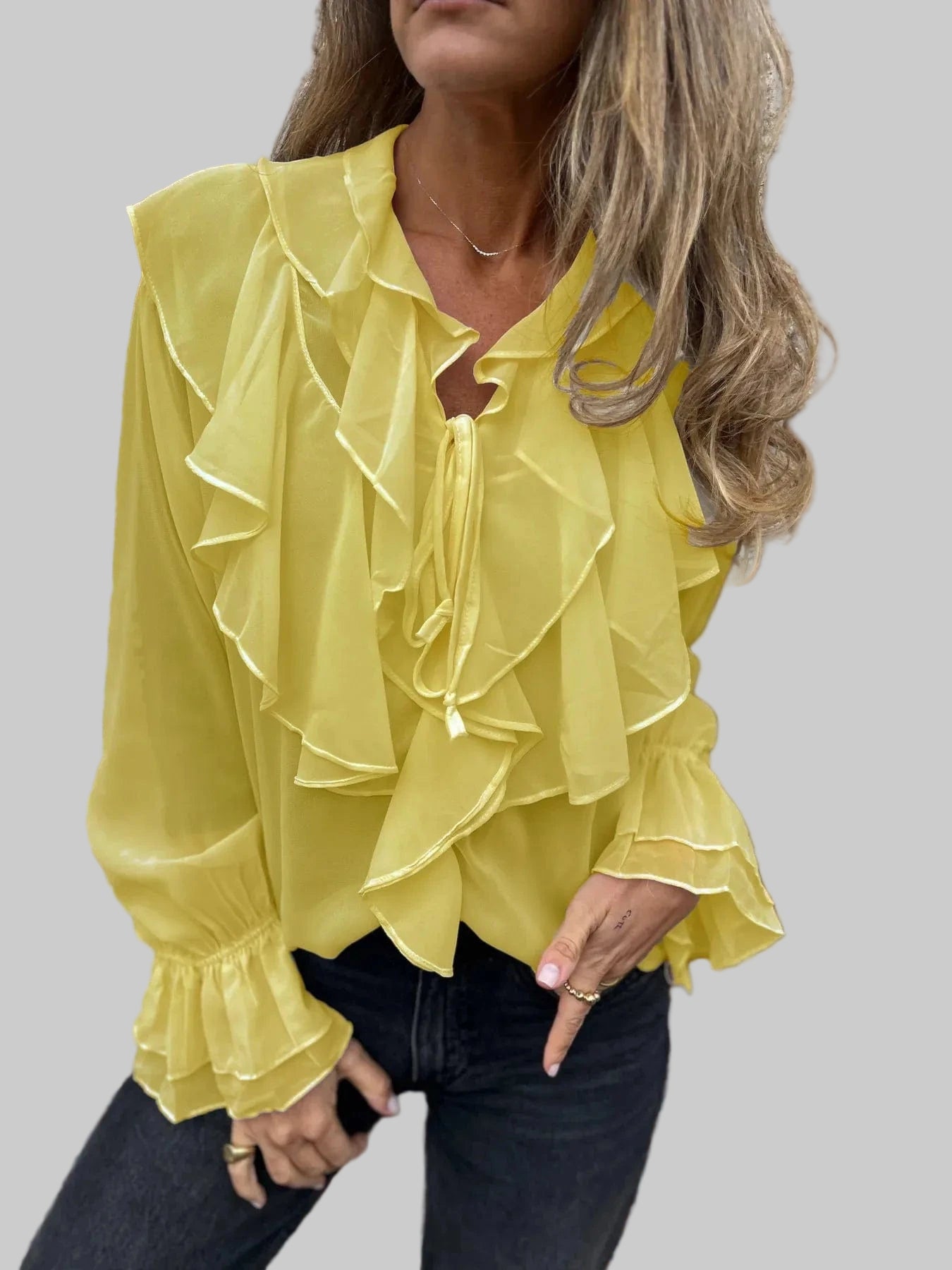 Ruffled Tie Front Flounce Sleeve Blouse Blouse Yellow / S The Nichole Collection