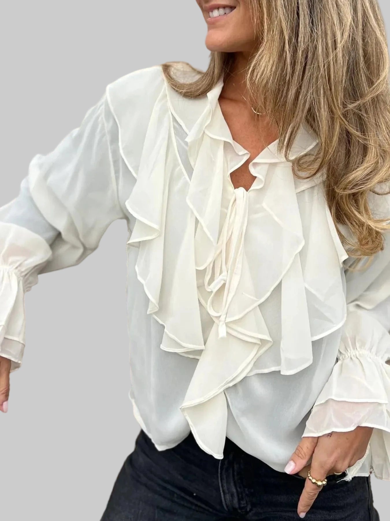 Ruffled Tie Front Flounce Sleeve Blouse Blouse The Nichole Collection