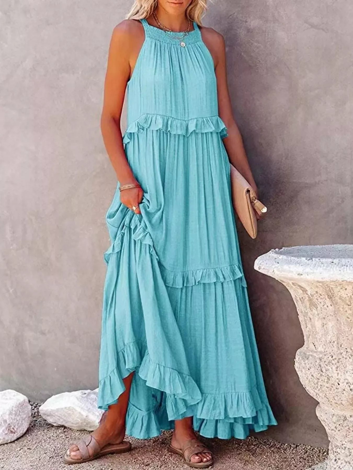 Ruffled Tiered Sleeveless Maxi Dress Light Blue / S The Nichole Collection