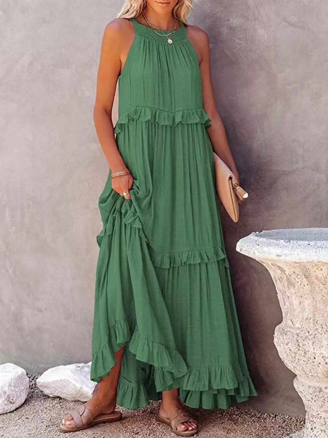 Ruffled Tiered Sleeveless Maxi Dress Green / S The Nichole Collection