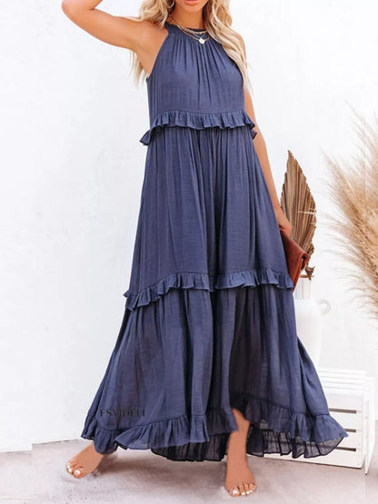Ruffled Tiered Sleeveless Maxi Dress Navy / S The Nichole Collection