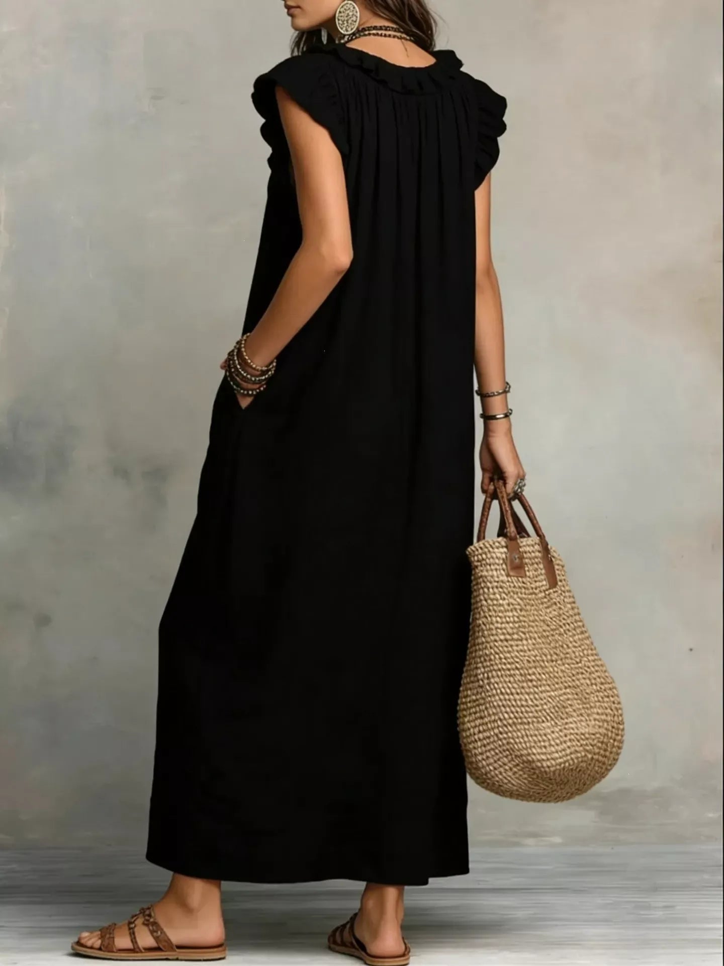 Ruffled V-Neck Cap Sleeve Maxi Dress The Nichole Collection