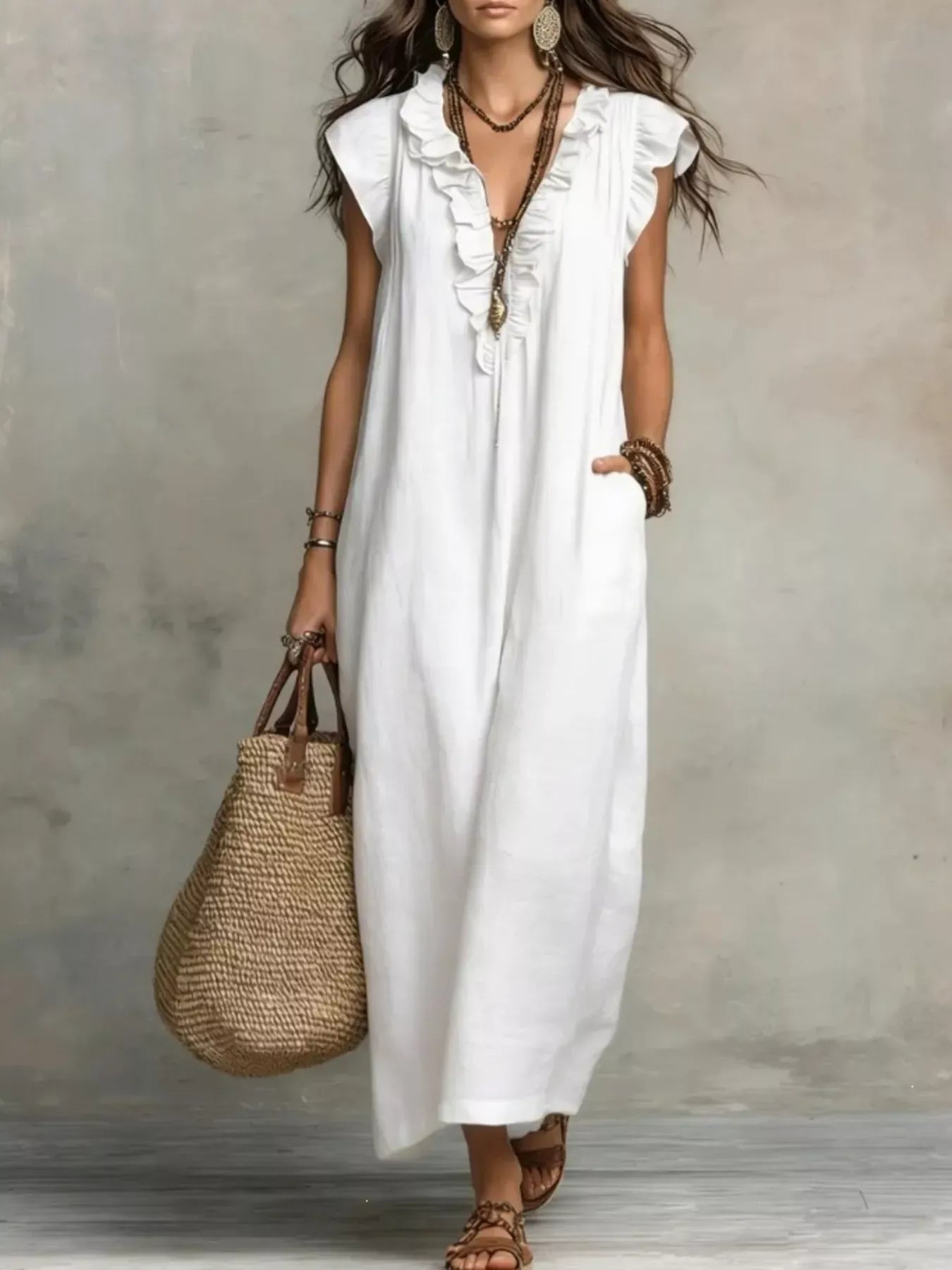 Ruffled V-Neck Cap Sleeve Maxi Dress White / S The Nichole Collection